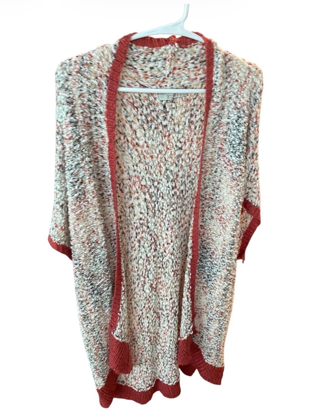 Open-Front Multicolor Knit Poncho with Terracotta Trim